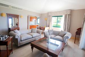 Wohnzimmer im Hipotels Natura Palace mit zwei Sofas, einem Tisch und einem Kamin.