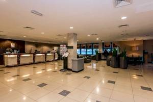XO Hotels Blue Square Lobby mit Rezeptionstresen, Sitzbereichen und Pflanzen.