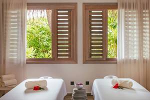 Spa-Behandlungsraum mit zwei Betten und Fenstern, die zu einem Garten führen