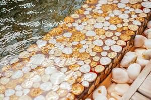 Gold- und weiße Steine am Rand eines Wasserbeckens des Finolhu Baa Atoll Maldives Hotels