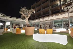 Terrasse des Riviera Vista Hotels bei Nacht mit einem großen Topfbaum und gelben Stühlen.