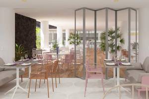 Innenansicht des Restaurants im Sol Fuerteventura Jandia Hotel mit modernen Möbeln und Pflanzen.