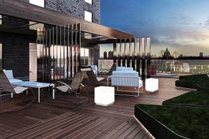 Dachterrasse des H10 London Waterloo Hotels mit Möbeln und Blick auf die Stadt