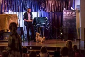 Zaubershow im Lanzarote Village Hotel mit einem Zauberer, einem Hund und Zuschauern auf der Bühne.