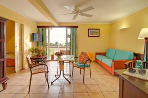 Innenraum des Pierre & Vacances Village Sainte Luce mit gelben Wänden, Tisch, Stühlen, Klimaanlage und Sofa.