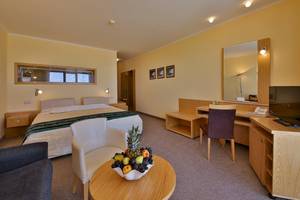 Doppelzimmer im Kaliakra Beach Hotel mit Bett, Schreibtisch, Fernseher und Obstteller.