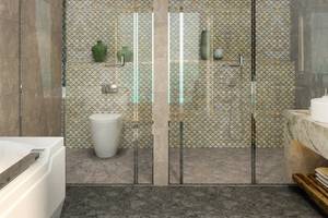 Badezimmer mit Duschbereich, Fischschuppen-Design an den Wänden, hängende Lampen und Waschbecken.