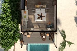 Draufsicht auf die Villa You & Me Maldives mit Pool, Schlafzimmer und Wohnzimmer.