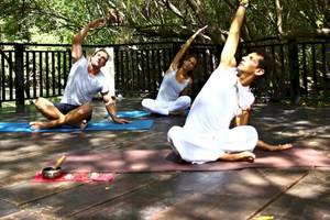 Drei Personen praktizieren Yoga auf einer Terrasse im Freien im Sandos Caracol Eco Resort.