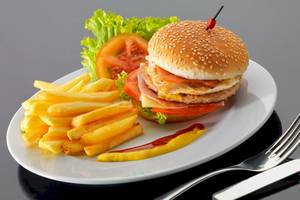 Ein weißer Teller mit einem Burger, Pommes Frites, Tomatenscheibe, Salat und Ketchup.