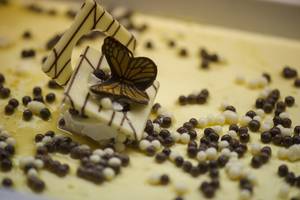Schokoladendessert im griechischen Sands Stil mit einer Schmetterlingsdekoration.