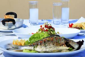 Grillierter Fisch mit Salat auf einer Tafel im LABRANDA Marine Aquapark Hotel.