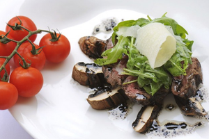 Ein Teller mit gebratenem Steak, Pilzen, Salat und Tomaten als Beilage.