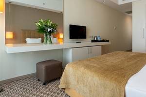 Ein modernes Hotelzimmer im Crystal Centro Resort mit Bett, Schreibtisch und Fernseher.