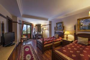 Doppelzimmer im Delphin Palast Hotel mit zwei Betten, Fernseher, Schreibtisch und Balkon
