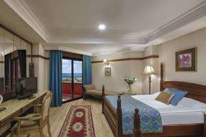 Doppelzimmer im Delphin Palace Hotel mit Meerblick, Bett, Schreibtisch und Balkon.