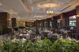 Innenansicht des Restaurants im Delphin Palace Hotel mit gedeckten Tischen und Stühlen.