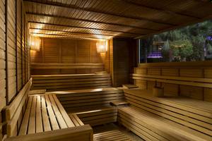 Innenansicht der Sauna im Delphin Palace Hotel mit Holzwänden und Sitzbänken.