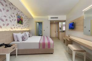 Hotelzimmer im Duja Bodrum mit Bett, Fernseher, Schreibtisch und Dekoartikeln.