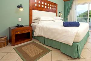 Doppelzimmer im Occidental Tamarindo Hotel mit Balkon und Blick auf Bäume.