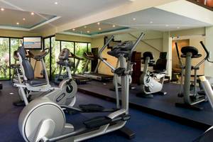 Fitnessstudio im Occidental Tamarindo Hotel mit verschiedenen Geräten und Blick auf Bäume.