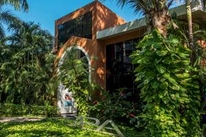 Spa-Eingang des Occidental Tamarindo Hotels, umgeben von Pflanzen und Palmen
