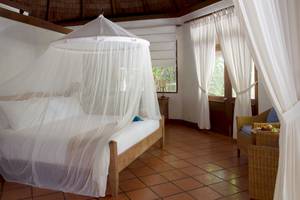 Ein Bett mit Moskitonetz in einem Zimmer im Coco Palm Dhuni Kolhu Hotel.