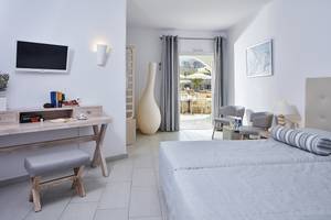 Hotelzimmer mit einem Bett, Schreibtisch, Fernseher, Stühle, Vase und Balkonzugang.