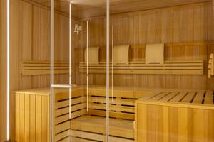 Sauna im W Ibiza Hotel mit Holzbänken und Glaswänden.