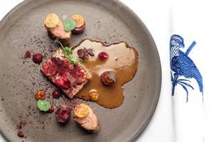 Ein Teller mit gebratenem Fleisch, Beilagen und roter Sauce, serviert auf einem grauen Teller.