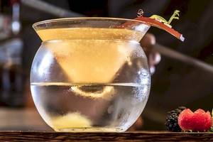 Ein Getränk in einem Glas mit Eis, dekoriert mit einer Fruchtscheibe und einigen Beeren.