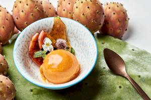 Süßspeise in Porzellanschale mit Pflaumen und Blumen, vor Kaktusfrüchten