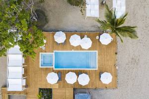 Luftaufnahme des Swimmingpools und der Loungesessel des Emotions By Hodelpa Hotels