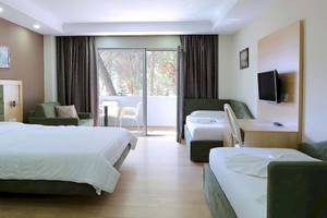Ein Hotelzimmer im Dyrrah Hotel mit zwei Betten, grünen Möbeln und einer Terrasse.