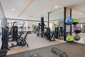 Fitnesscenter im Pickalbatros Blu Spa Resort mit verschiedenen Trainingsgeräten und Blick auf den Pool.