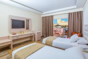 Doppelzimmer im Pickalbatros Aqua Vista Resort mit zwei Betten, Fernseher und Balkon.