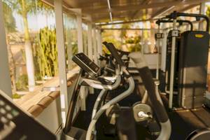 Fitnessraum im Suites & Villas By Dunas Hotel mit Cardiogeräten und Blick auf den Garten.