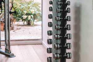Gewichtstraining im Fitnessraum des Aimia Hotels mit Blick auf den Garten