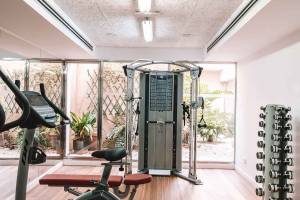 Fitnessbereich des Aimia Hotels mit Geräten und Blick auf Pflanzen.