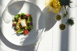 Weißer Teller mit Salat im Hotel Ikos Olivia