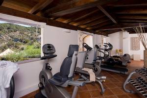 Fitnessstudio im CPH Pevero Hotel mit Blick auf die Berge und modernen Trainingsgeräten.