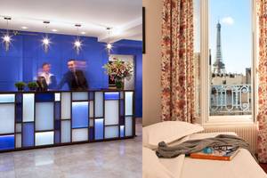 Hoteleingang mit blauen Wand und Rezeptionsbereich, Eiffelturm im Hintergrund.