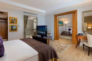 Hotelzimmer mit Fernseher, Doppelbett, Schreibtisch und separatem Schlafzimmerbereich.