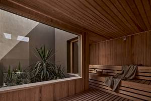 Innenansicht der Sauna im Casa Cook El Gouna mit Holzwänden, einer Fensterbank und Pflanzen.