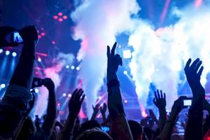 Ein Publikum bei einem Konzert mit vielen Menschen, die ihre Handys hochhalten und die Bühne mit Raucheffekten im Hintergrund beobachten.