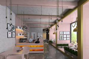 Innenansicht eines Cafés mit einer Frau am Tresen, pinken Wänden, weißen Bänken, und grünen Pflanzen.