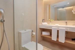 Badezimmer von Hipotels Mediterraneo mit Dusche, Toilette, Waschbecken und Spiegel.