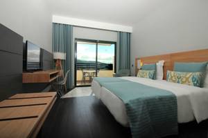 Doppelzimmer mit Balkon im Madeira Panorâmico Hotel, mit bequemen Betten, Fernseher und einem Schreibtisch.