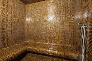 Saunabereich im Views Oasis Hotel mit goldenen Mosaikfliesen und einer Dusche.