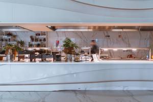 Rezeption des Savoy Palace Hotels mit Marmortheke und Pflanzen